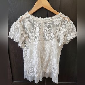 Aqua Flutter Sleeve Embroidered Lace Blouse, White, XS